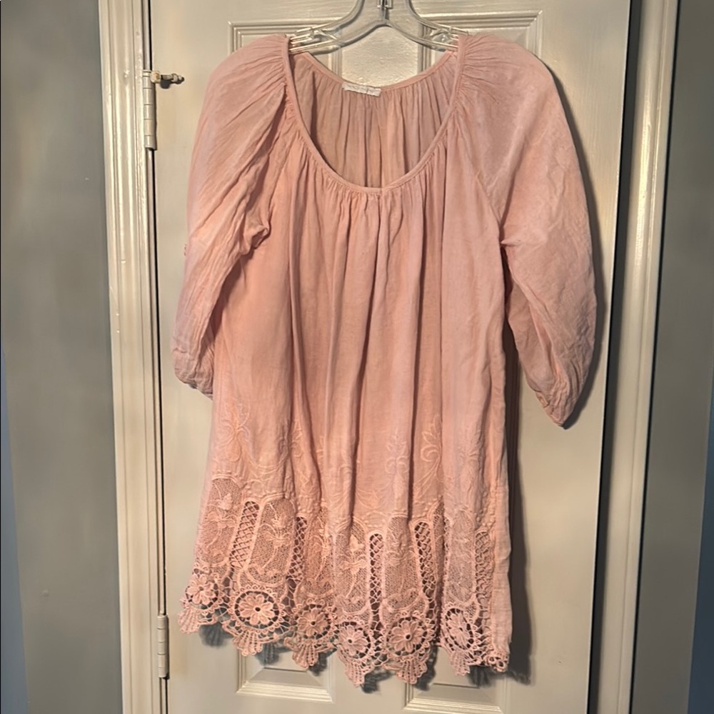 Peachy Pink Boho Crocheted Lace Hem Italian Made Baby Doll Top